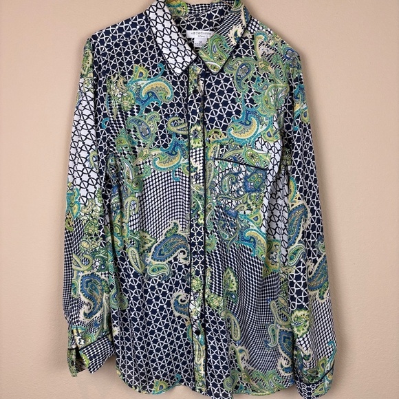 Liz Claiborne Blue/Green/Yellow Paisley Button Up Long Sleeve Blouse; Size 1X - Picture 1 of 7